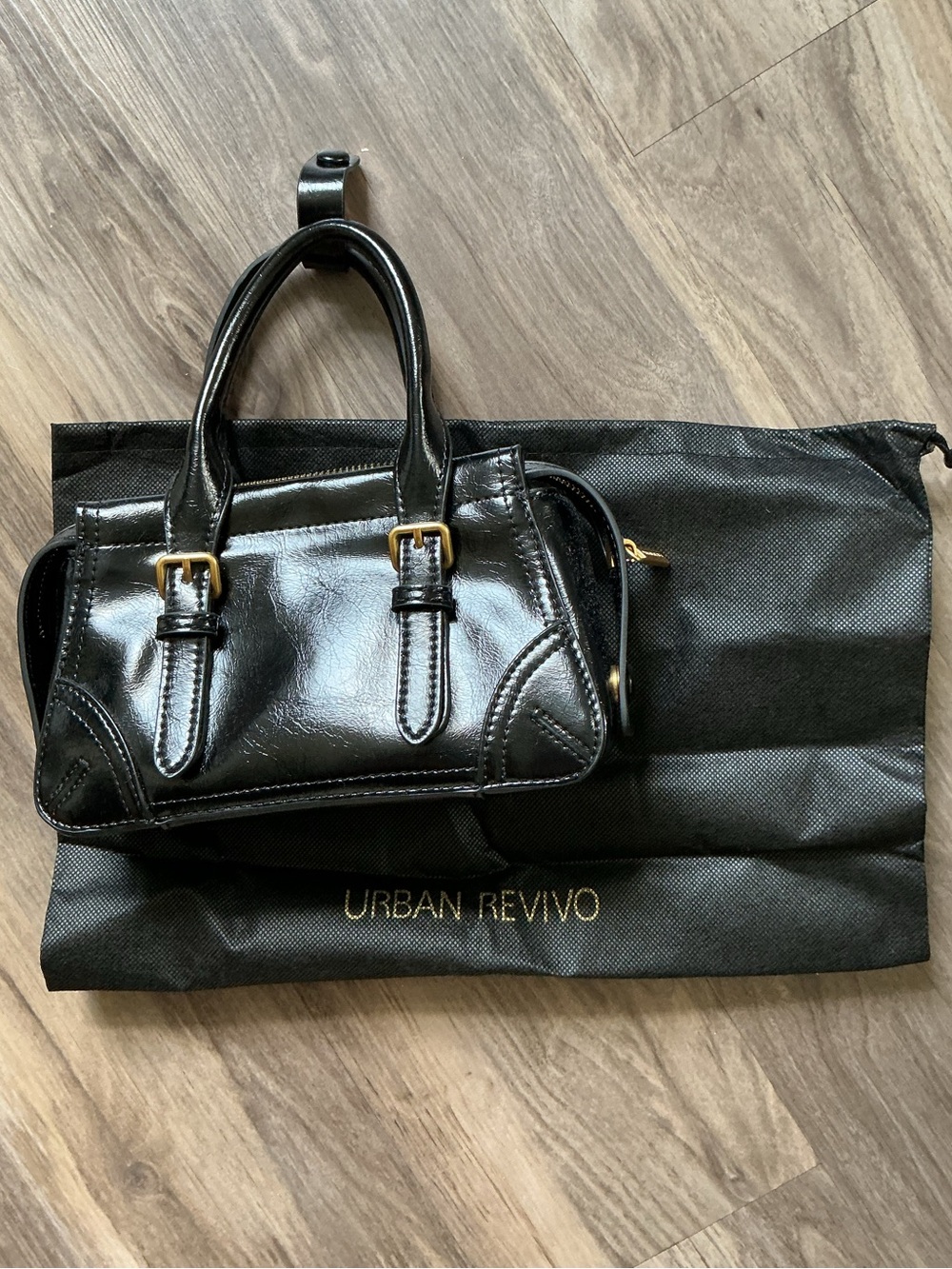 Urban Revivo Black Glossy Faux Leather Buckle Mini Boston Crossbody Bag NWT